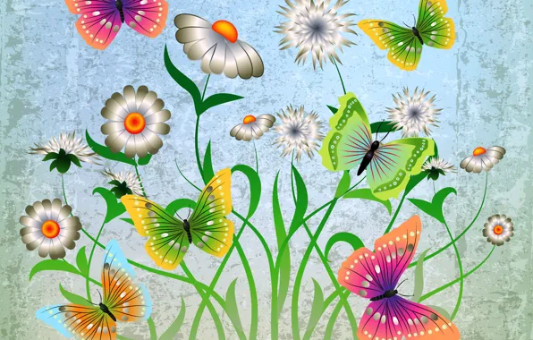 Butterfly, flowers, abstract, design, flowers, grunge, butterflies