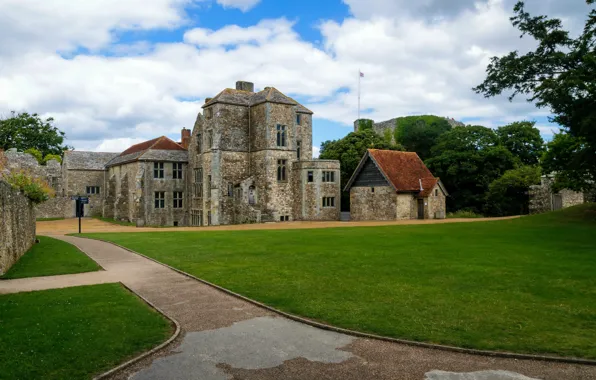 Greens, the sky, grass, clouds, trees, castle, lawn, England