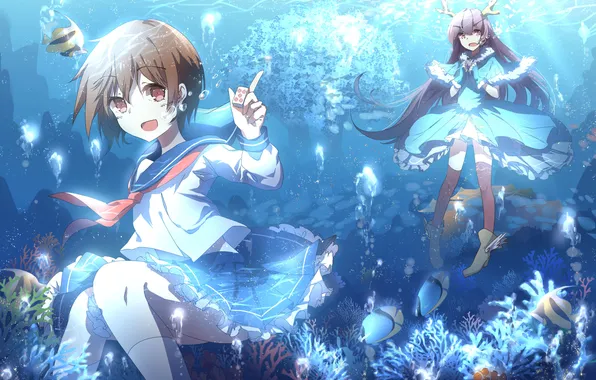 Fish, bubbles, girls, tree, anime, art, horns, under water