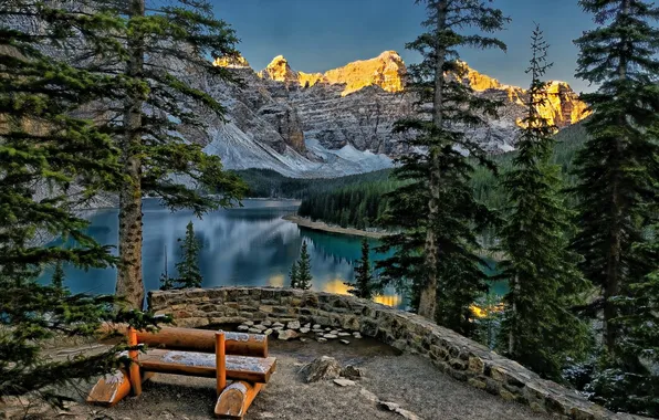 Picture landscape, mountains, lake, bench