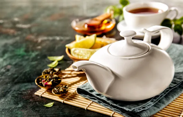 Picture lemon, tea, kettle, drink