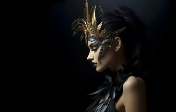 Girl, style, portrait, feathers, makeup, brunette, fantasy, profile