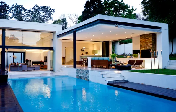 Water, house, fire, chairs, interior, pool, lighting, tables