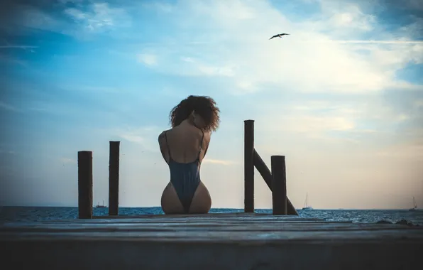 Sea, swimsuit, ass, the sky, girl, pose, bird, model
