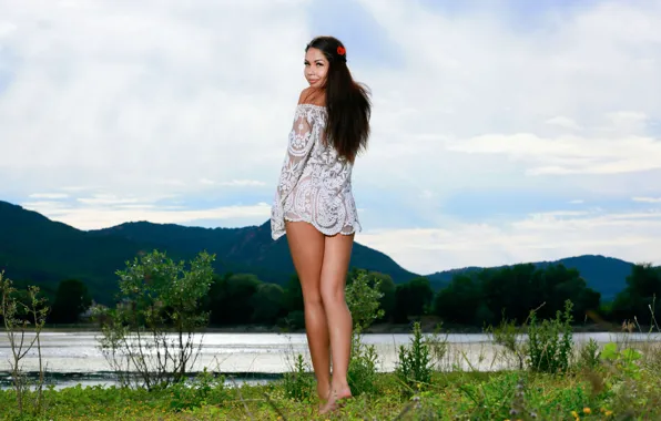 Picture look, landscape, mountains, nature, model, brunette, Romana