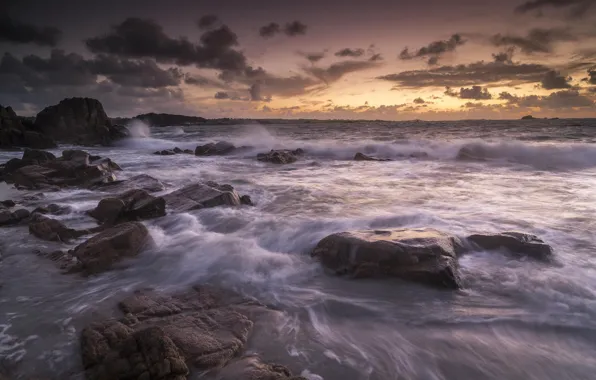 Sunset, The sky, Clouds, Sea, Threads, Wave, Horizon, Shore