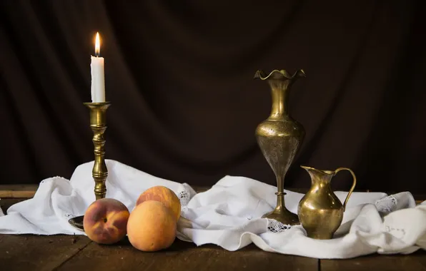 Candle, pitcher, still life, peaches