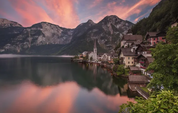 Picture landscape, mountains, nature, the city, lake, reflection, dawn, home