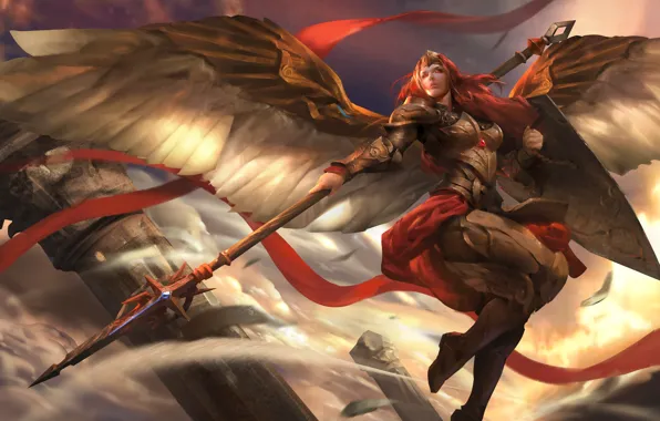 Wings, warrior, spear, shield, Heroes of Newerth, Valkyrie, Adkarna Valkyrie
