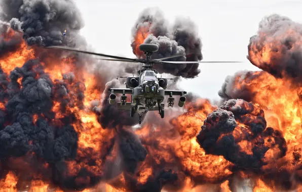 Picture the explosion, fire, helicopter, Apache