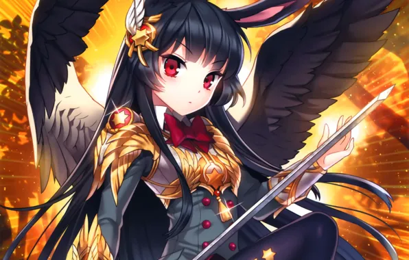 Girl, weapons, wings, sword, art, ears, nardack, kaku-san-sei million arthur