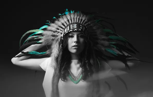 Picture look, girl, face, background, feathers, headdress