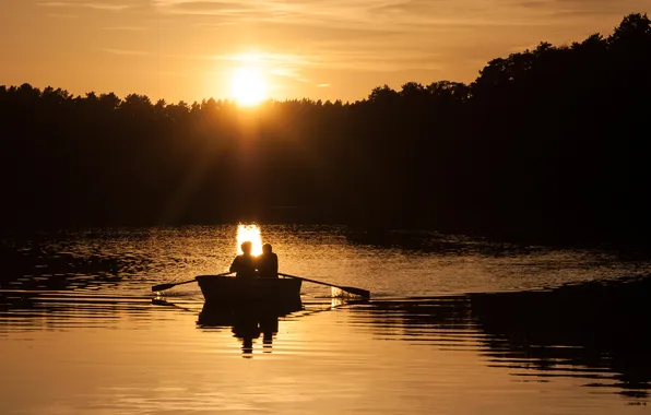 Picture landscape, sunset, lake, boat