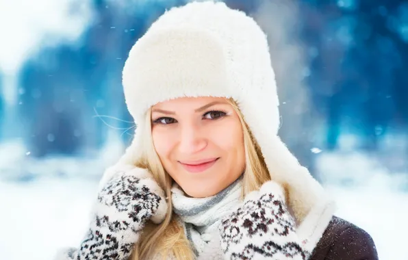Winter, look, snow, face, smile, background, hat, portrait