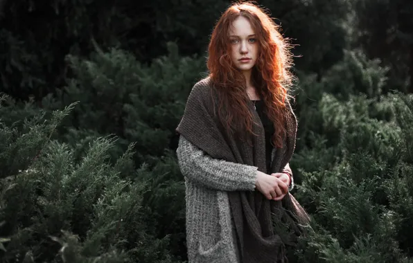 Picture girl, nature, scarf, freckles, red, jacket, the bushes