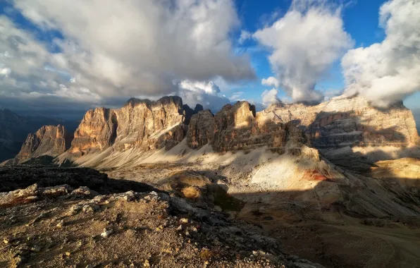 The sky, clouds, light, mountains, blue, stones, rocks, tops