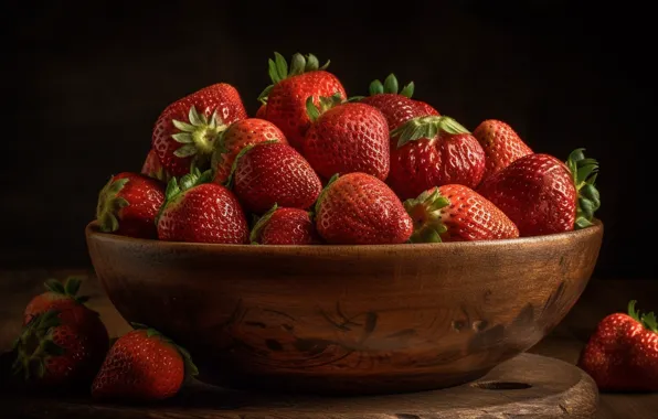 Berries, the dark background, rendering, strawberry, Board, bowl, black background, still life