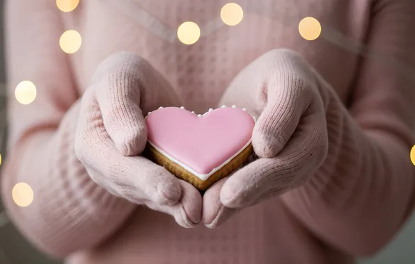 Girl, lights, heart, hands, cookies, gloves, cake, heart