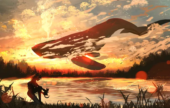 Forest, the sky, cat, sunset, lake, kit, girl