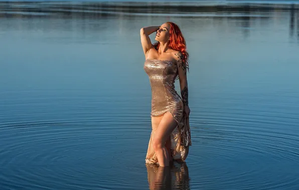 DRESS, TATTOO, POND, REDHEAD, Photographer Georgy Dyakov, Model Eva Rudneva