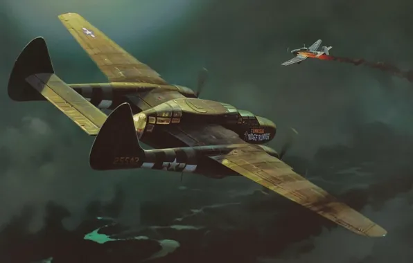 Picture war, art, painting, ww2, Junker Ju 87 &ampquot;Stuka&ampquot;, Northrop P-61 Black Widow