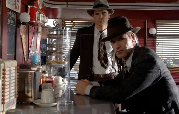 Table, kitchen, men, hats, costumes, blinds, ties, The Black Dahlia