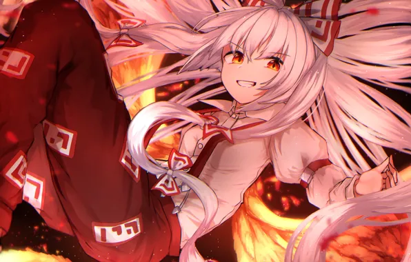 Girl, smile, long hair, Touhou, Fujiwara no Mokou, Touhou, Touhou