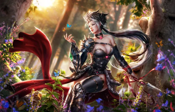 Picture forest, chest, girl, butterfly, hair, elf, dress, knife