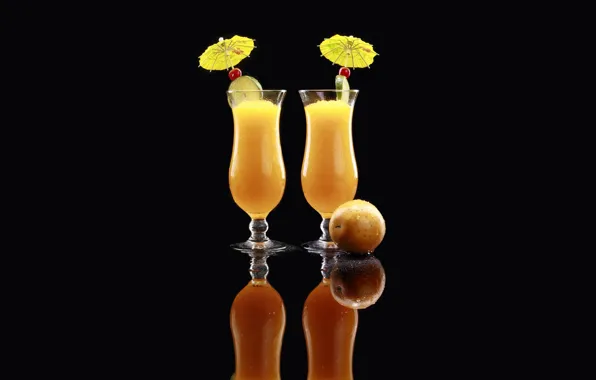 Picture reflection, orange, glasses, umbrellas, lime, black background, orange, orange juice