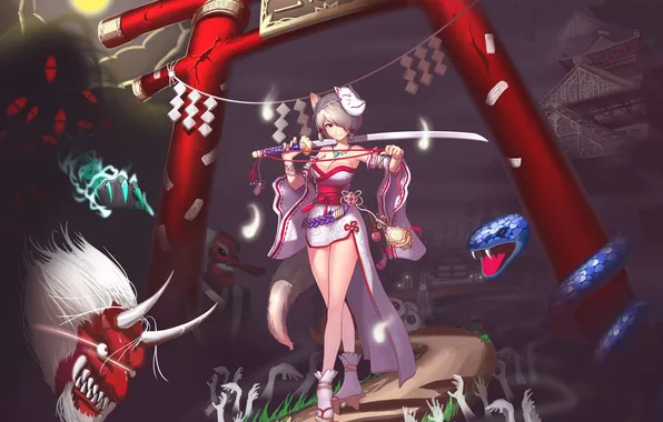 Girl, smile, weapons, sword, mask, tail, demons, ears