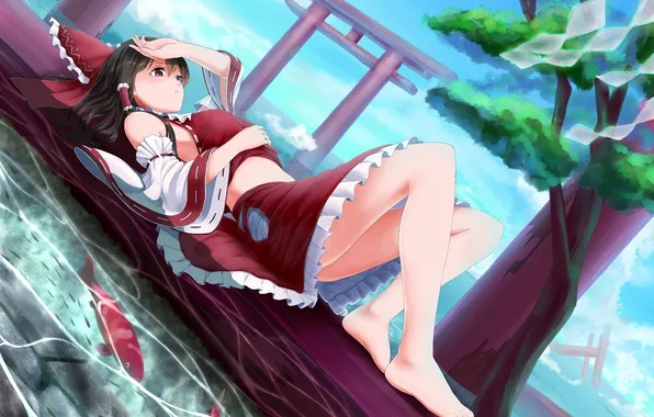 Water, girl, fish, pond, tree, bow, the gates, touhou