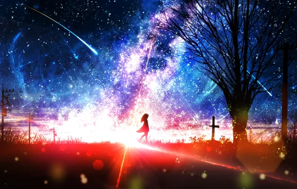 Wallpaper the sky, girl, the sun, trees, night, fantasy for mobile and ...