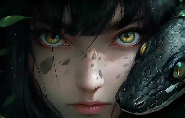 Look, girl, snake, snakes, Asian, AI art, neural network