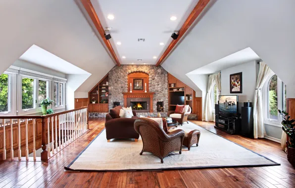 Picture style, sofa, furniture, Villa, interior, ladder, fireplace, living room