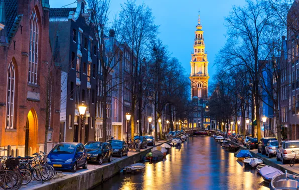 Night, city, the city, lights, lights, river, Amsterdam, panorama