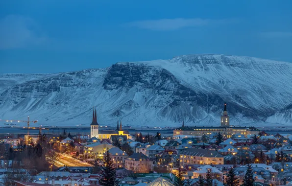 Picture snow, mountains, lights, home, Iceland, Reykjavik