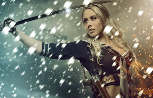 Girl, gun, katana, blonde, Photoshop, holster, cosplay, cosplay