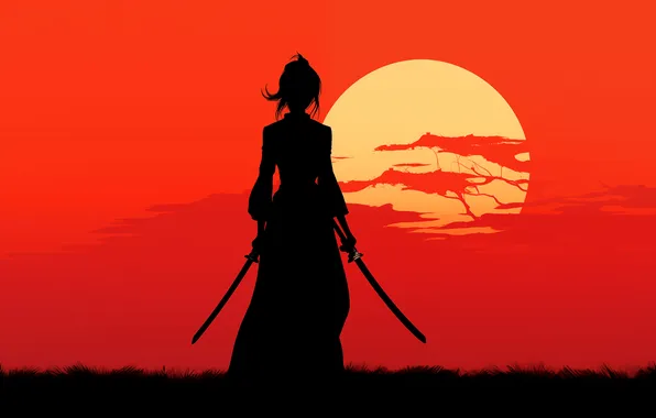 Picture red, sword, grass, weapon, anime, katana, women, samurai