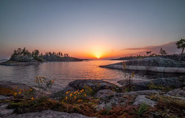 Picture the sun, sunset, rocks, shore, pond