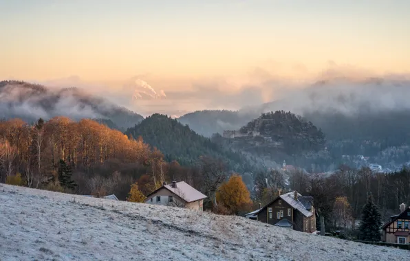 Winter, forest, the sky, snow, trees, mountains, fog, dawn