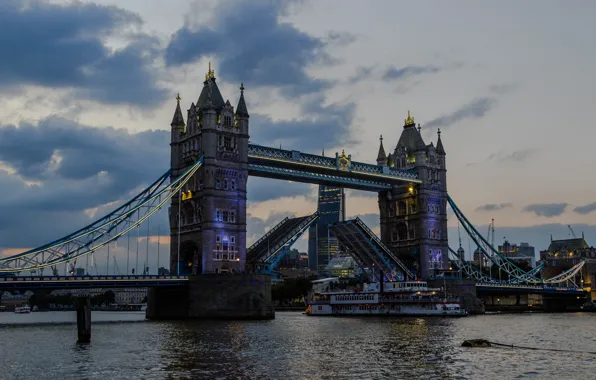 The sky, clouds, bridge, river, England, London, home, the evening