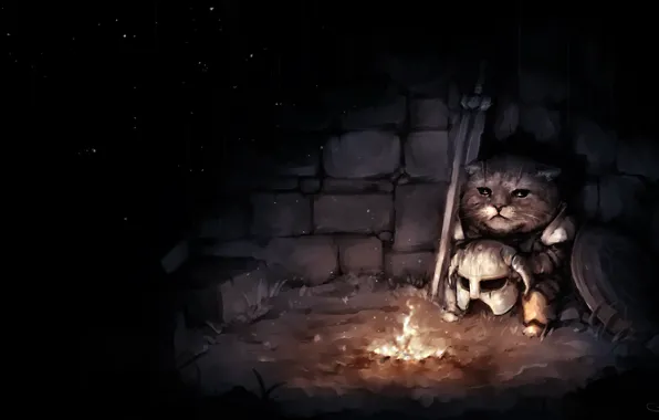 Sadness, cat, art, helmet, twilight, the fire, Skyrim