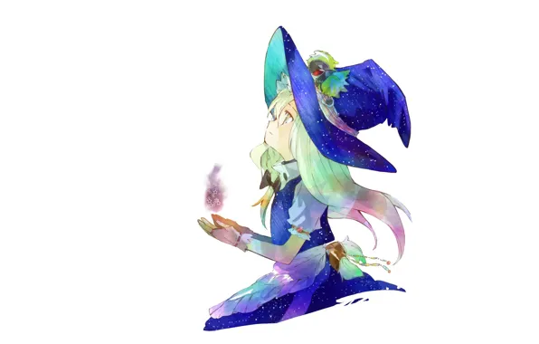 White background, gloves, touhou, art, pigtail, apron, looking up, witch hat