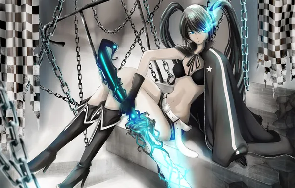 Girl, pose, weapons, magic, indifference, chain, black rock shooter, art