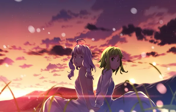 The sky, grass, clouds, sunset, mountains, girls, art, vocaloid