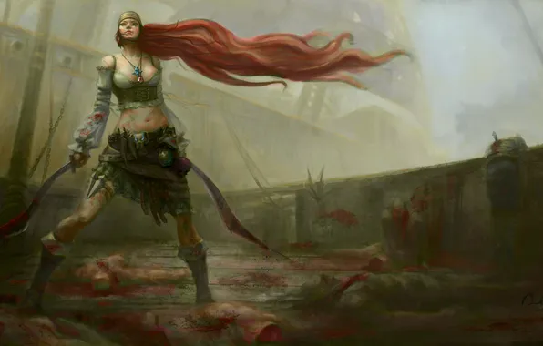 Picture girl, ship, deck, swords, warrior, corpses, redhead