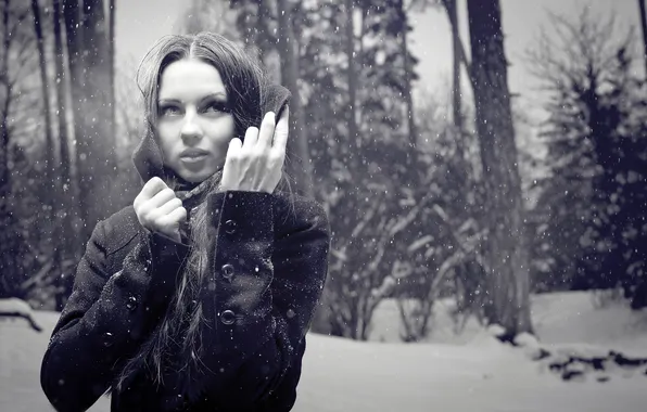 FOREST, LOOK, SNOW, WINTER, BROWN hair, Black and WHITE, SHEEPSKIN, COAT