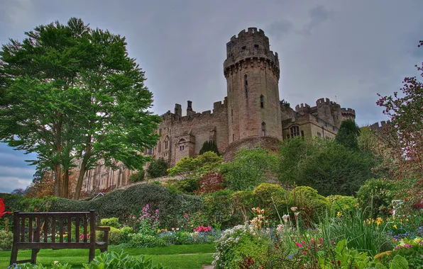 The sky, clouds, trees, flowers, Park, castle, tower, the bushes