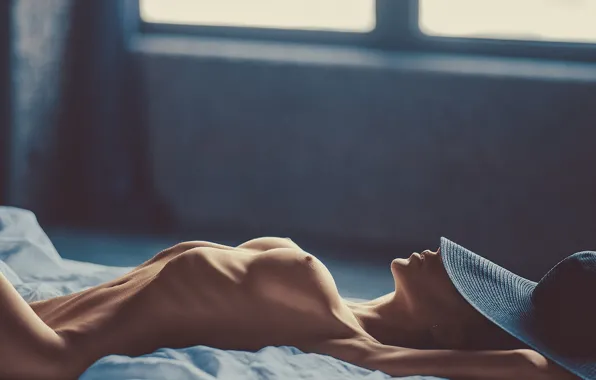 Erotic, chest, girl, pose, body, hat, window, lies