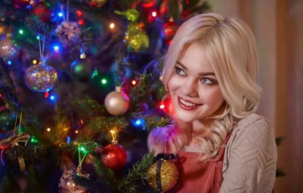 Picture girl, balls, decoration, smile, mood, balls, blonde, New year